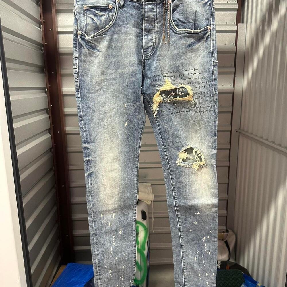 Purple Brand Distressed Jeans Bandana Repair Paint Splatter Skinny Denim